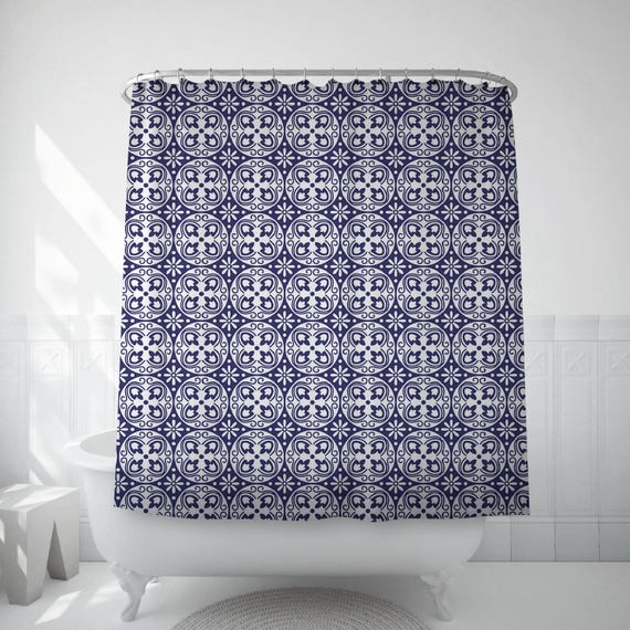 Blue Tile Curtain Bathroom Art Spanish Tiles Geometric Image 0