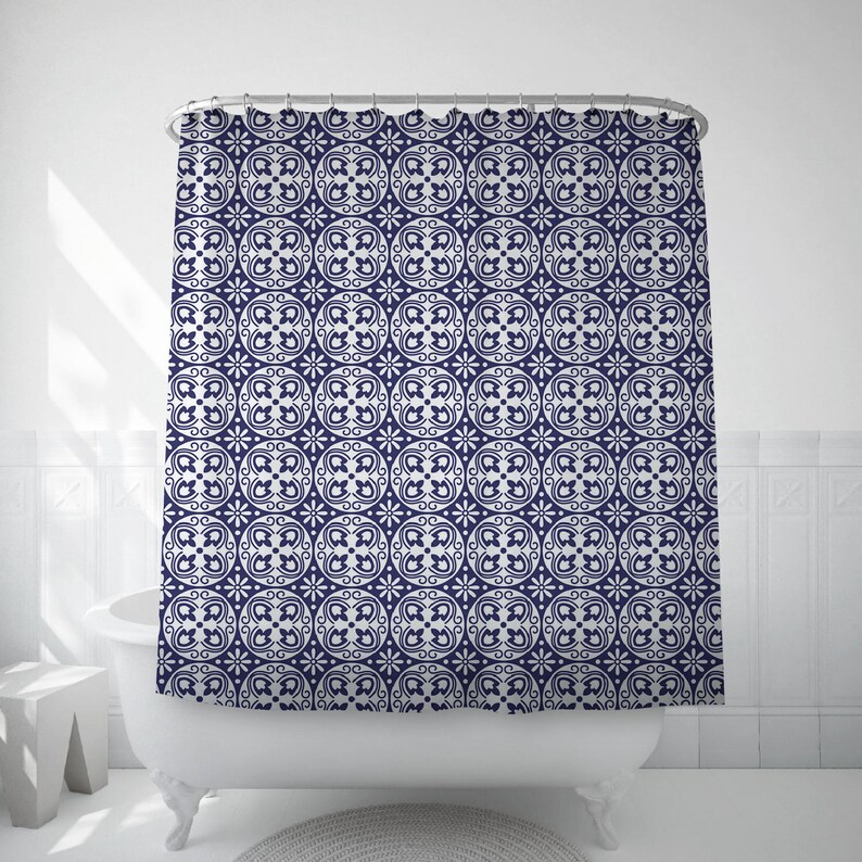 Blue Tile Curtain Bathroom Art Spanish Tiles Geometric Image 0