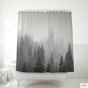 Foggy Forest Shower Curtain Black White Pine Trees Bathroom Decor Modern