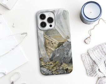 Elegant Quartz Pyrite image in printed iPhone case. Rubber and Polycarbonate cover, impact resistance. iPhone 8, X, 12, and 14 models. MW143