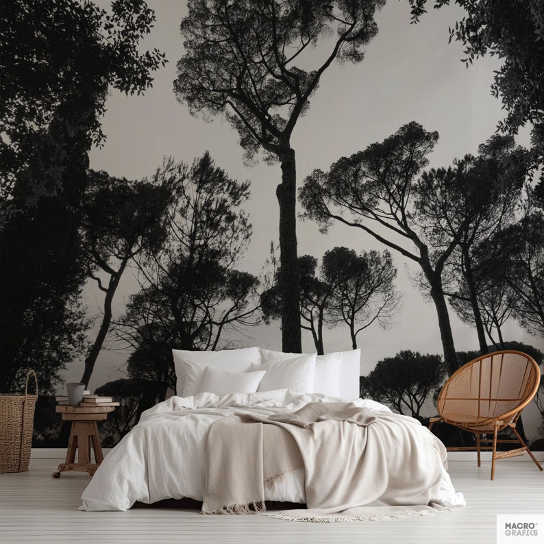 Italian trees wallpaper mural, Black and white photo of trees in Rome for a large wall decoration. Tree mural, Peel & Stick. MG078 image 2