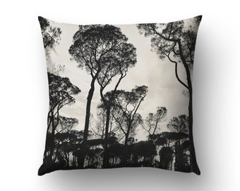 Umbrella Trees pillow cover, Black and white photo of trees in Rome printed on pillow cover for a nature decor. MG079