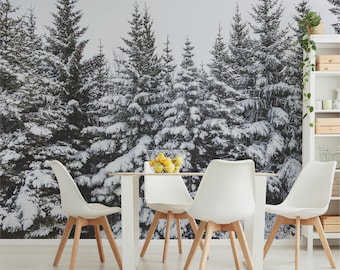 Snowy pine trees wallpaper for a ski hotel wall decor, Large photo mural of a winter landscape, Christmas wallpaper. SV084