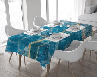 Blue tablecloth with an Apatite mineral photography printed, Polyester fabric, rectangular and square, elegant decor. MW138
