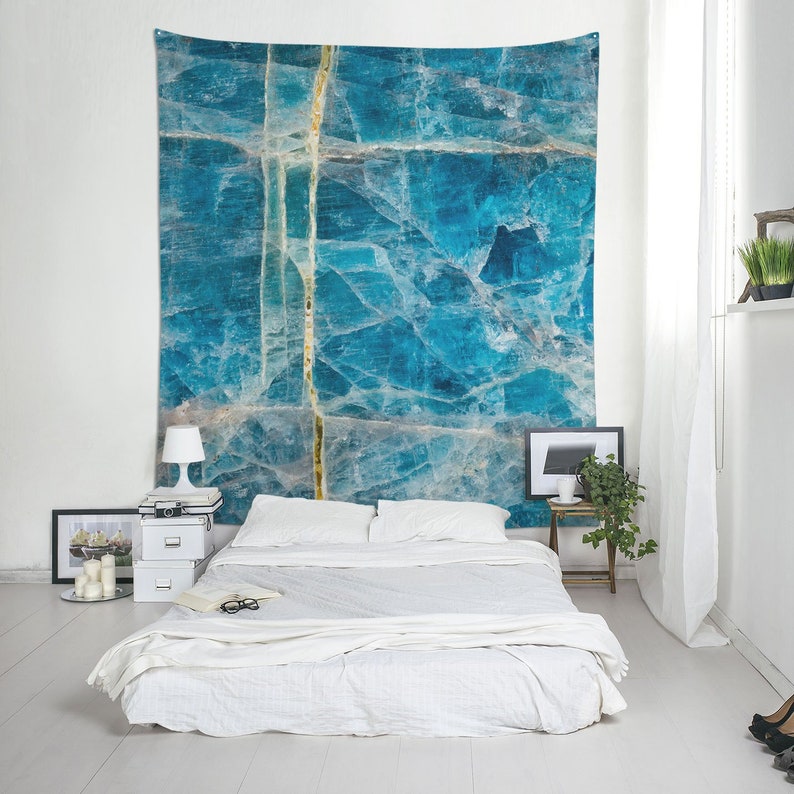 Apatite Mineral Wall Hanging Fabric Wall Decor With A Macro Photograph Of A Blue Mineral For Boho Decoration Or Cool Room Mw138