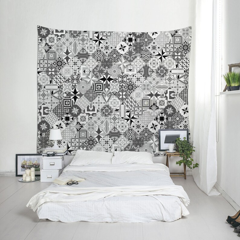 Mosaic Tile Tapestry Boho Tapestries Black And White Image 0
