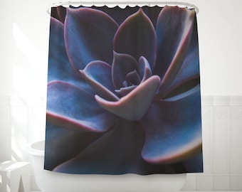Eye-catching shower curtain for fans of gardening. Succulent printed on fabric for bathroom decoration. Purple Echeveria gibbiflora. MG002