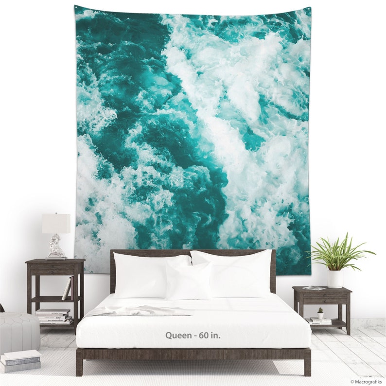 Fabric wall hanging with a picture of Water texture, Nautical tapestry for a turquoise wall art. Abstract art for wall decoration. UL057 image 1