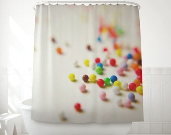 Colorful bath with funny rainbow sprinkles. Shower curtain printed with a macro photography. Family or kids bathroom. MG010