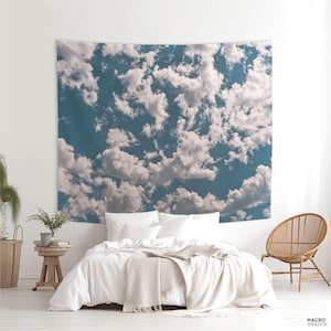 Cloud tapestry with a blue sky art for wall decoration. Picture of cumulus clouds printed on fabric for photo backdrop. MG038