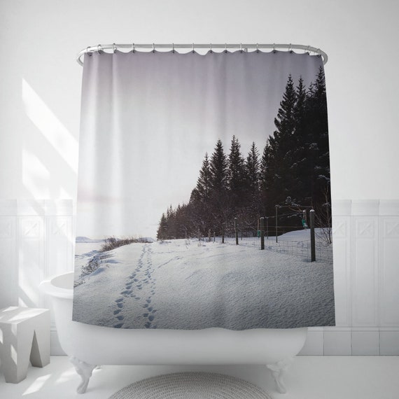 Pine Trees And Snow Shower Art Bathroom Decor Bath Etsy