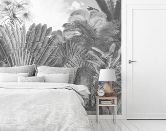 Vintage illustration wall mural, Self adhesive Tropical wallpaper, Black and white wall decor, Large wall art for a Tropical decor. SP057B