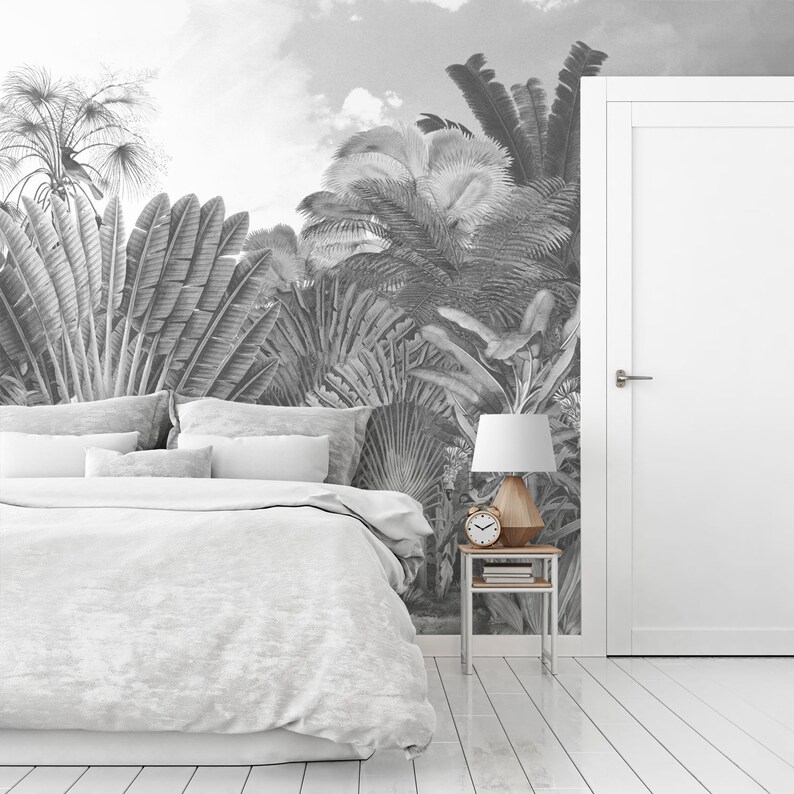 Vintage illustration wall mural, Self adhesive Tropical wallpaper, Black and white wall decor, Large wall art for a Tropical decor. SP057B image 1