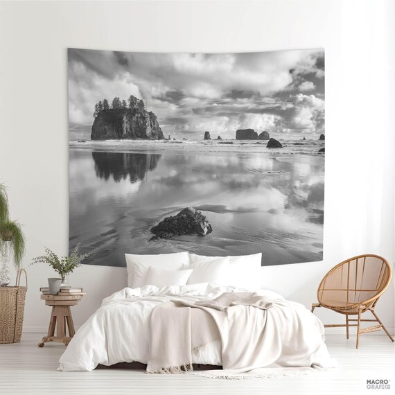 wall hanging national park tapestry Olympic National Park Decor Black White Coastal Wall Tapestry – Second  Beach Landscape MW036