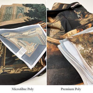 The image is a collage of two different types of fabric: Microfiber Poly and Premium Poly. The Microfiber Poly fabric has a textured and woven appearance, while the Premium Poly fabric has a smoother, more uniform texture.