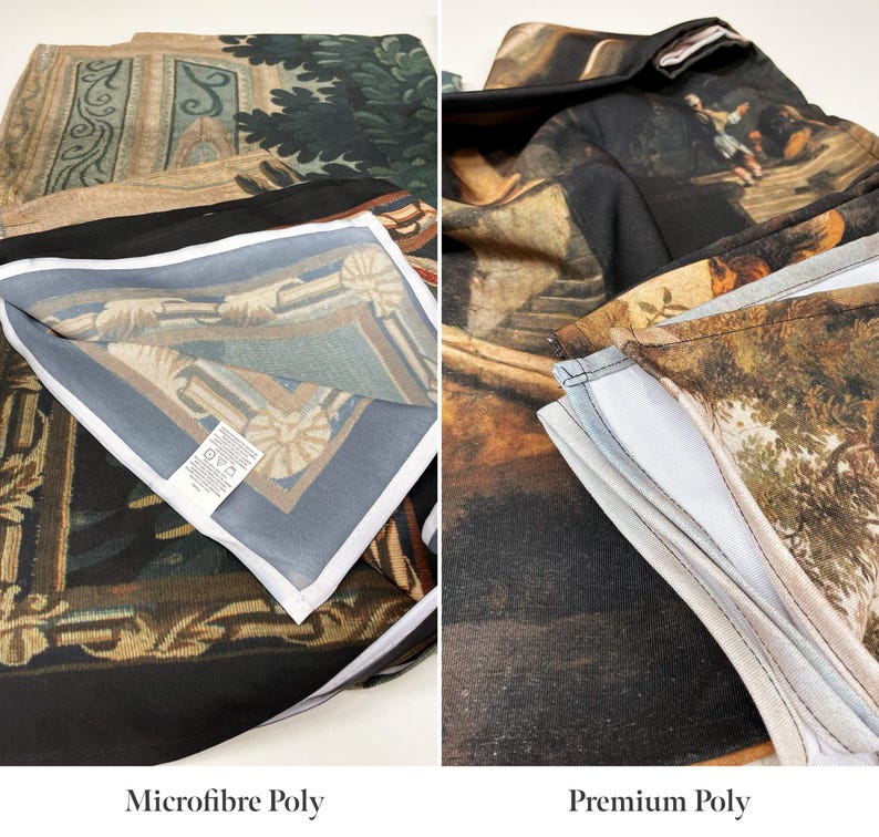 The image is a collage of two different types of fabric: Microfiber Poly and Premium Poly. The Microfiber Poly fabric has a textured and woven appearance, while the Premium Poly fabric has a smoother, more uniform texture.