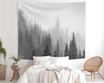 Tree tapestry wall hanging, Zoom background, Nature decoration Fabric wall art, Boho chic, Washington state, Pine trees forest art. MW004