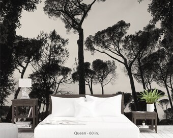 Italian trees wallpaper mural, Black and white photo of trees in Rome for a large wall decoration. Tree mural, Peel & Stick. MG078