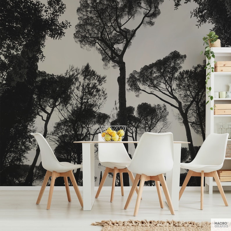 Italian trees wallpaper mural, Black and white photo of trees in Rome for a large wall decoration. Tree mural, Peel & Stick. MG078 image 1