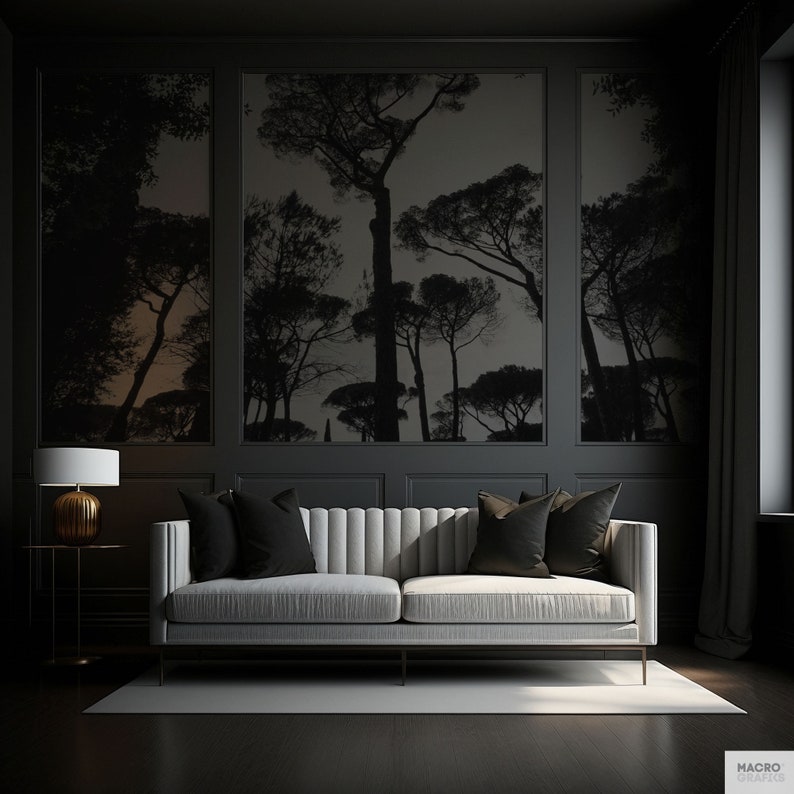 Italian trees wallpaper mural, Black and white photo of trees in Rome for a large wall decoration. Tree mural, Peel & Stick. MG078 image 5