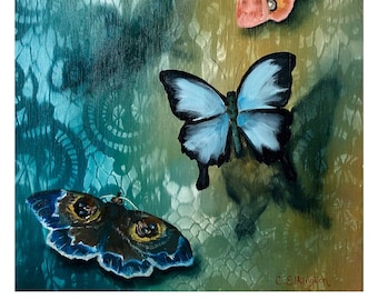 Fine Art Giclee Print, Butterflies, Butterfly, Blue, Damask, Wallpaper, Home Decor, Art Print, Moth, Bug, Floral, Giclee, Pink, Monarch