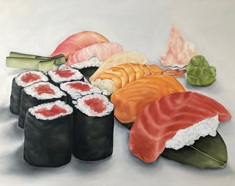 Sushi, Sushi Painting, Sushi Art, Oil Painting, Kitchen Art, Food Art, Tuna, Salmon, Shrimp, Rice, Ginger, Wasabi, Seafood, Japan, Japanese