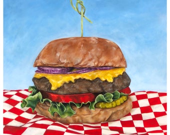 Fine Art Giclee Print, Cheeseburger, Burger, Hamburger, Print, Food Art, Kitchen Art, Diner, Checkerboard, Cheese, Tablecloth, Picnic, Beef