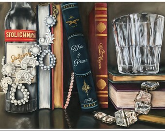 Fine Art Giclee Print, Vodka, Book, Literature, War and Peace, Tolstoy, Jewelry, art, Print, Wall art, Library, jewels, Stoli, Russia, booze