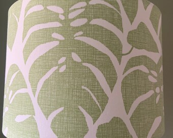 Beautiful handmade large Swiss Cheese Plant (Monstera) design in olive printed on 100% cotton fabric drum lampshade