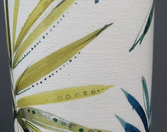 Beautiful handmade tropical ‘Topanga’ leaves Jurassic ferns in Oasis colours printed on 100% cotton 1/2 Panama fabric drum lampshade