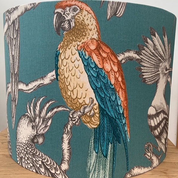 Beautiful handmade exotic birds design printed on teal 100% cotton fabric drum lampshade