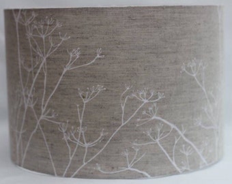 Handmade white chervil on natural linen fabric drum lampshade