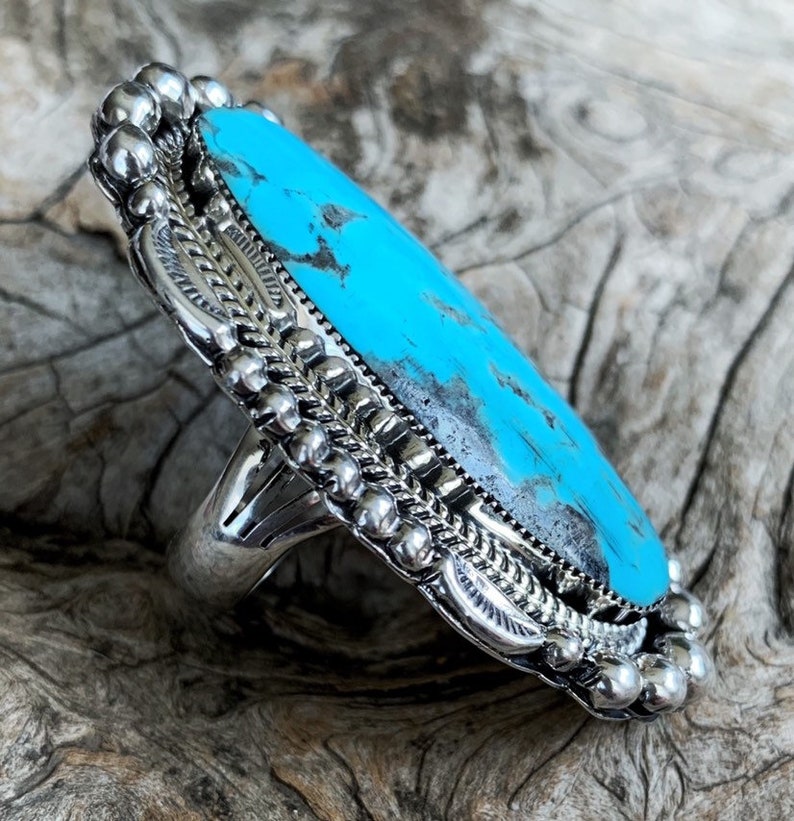 Handmade Native American Indian Southwestern Elongated Kingman Turquoise and Sterling Silver Ring