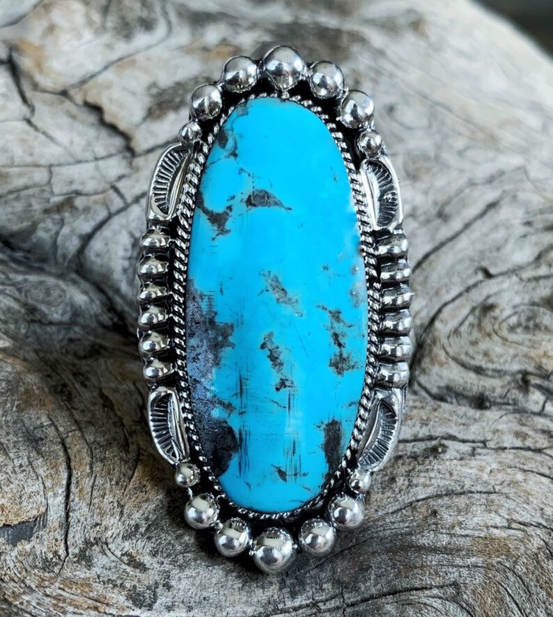 Handmade Native American Indian Southwestern Elongated Kingman Turquoise and Sterling Silver Ring