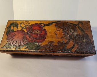 Antique Flemish Art Nouveau 12 3/4” X 5” Pyrography Wooden Glove Box Folk Art