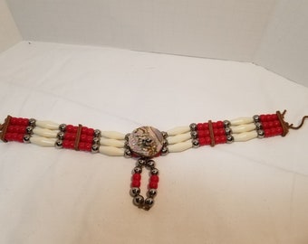 Vintage nativo americano gargantilla cuero hueso collar abulón concha hecha a mano