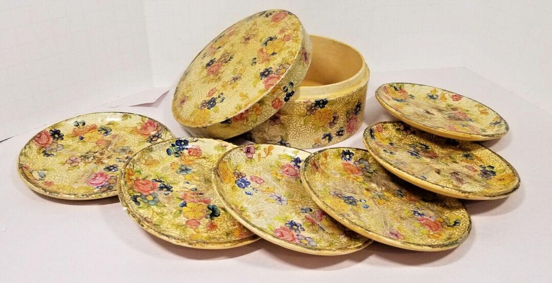 Vintage Japan Paper Mache Floral Coasters Set 6 in Original Box Granny ...