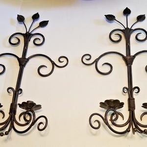 Pair VTG Wrought Iron Wall Sconce Candle Holder Hand Made Ornate Scroll Design