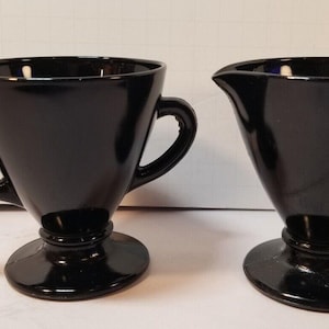 Vintage MCM Black Glass Sugar & Creamer Set Art Deco