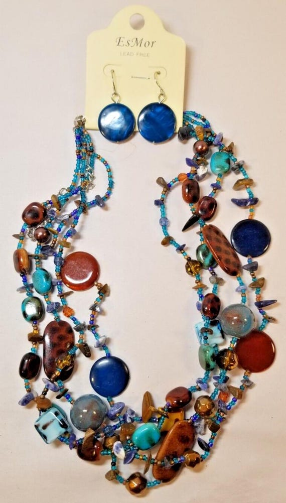 Esmor Multi Layered Turquoise Beads Necklace & Ea… - image 1