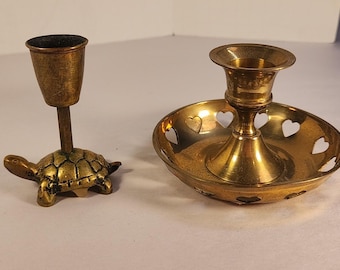 1 Vintage Tiny Turtle Brass Candlestick/ 1 Vtg Small Heart Brass Candlestick