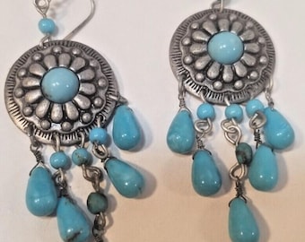 Faux Turquoise Dangle Earrings Silver Tone Signed NR Southwestern Tribal Vintage