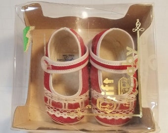 Vintages 50's Mrs. Day's Ideal Baby Shoes in Box Size 0 Red & White