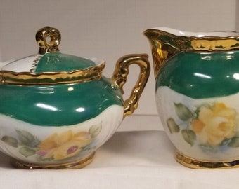 Vintage Porcelain China Yellow Rose Creamer Sugar Bowl Heavy Gold Trim