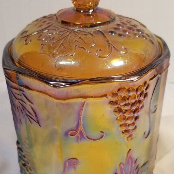 MCM Marigold Carnival Glass Canister Candy Jar & Lid Harvest Grape Indiana Glass
