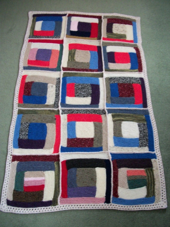 Log Cabin Patchwork 47 X 28 25 Hand Knitted Lap Etsy