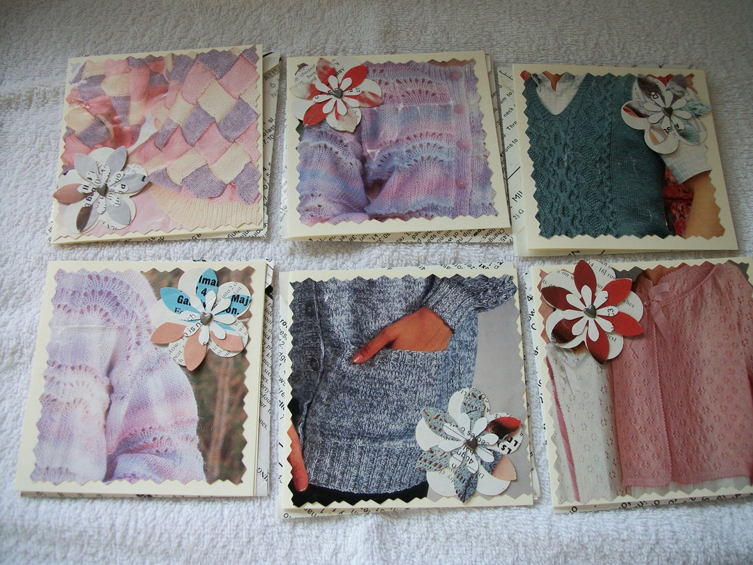 6 Knitting Related / Themed Note Cards, 4 X 4, With Knitting Pattern ...