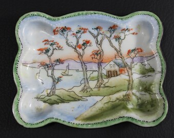 Hand Painted Porcelain Scenic Pin Dish ~ Made in Japan ~