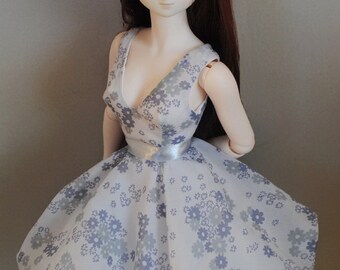 romatic BUBBLE dress for Dollfie Dream in delicate floral chiffon; petticoat, belt, stockings included ; by Dollmino
