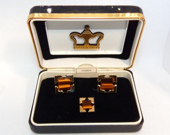 08 Vintage Grand Prix BY Swank Cufflinks & Tie Tack Set in Original Case - Gold Tone Tiger-eye New in Original Box - Never used.